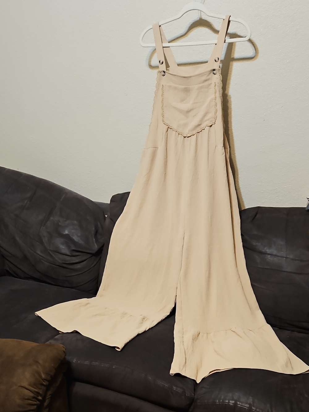 Scalloped Bib Wide-Leg Jumpsuit in Beige